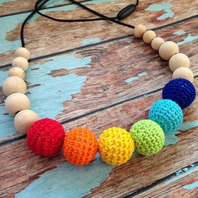 Crochet and Wood Bead Nursing Necklace - Rainbow - Teething Necklace - Nature Bubz - Afterpay - Zippay Carry Them Close