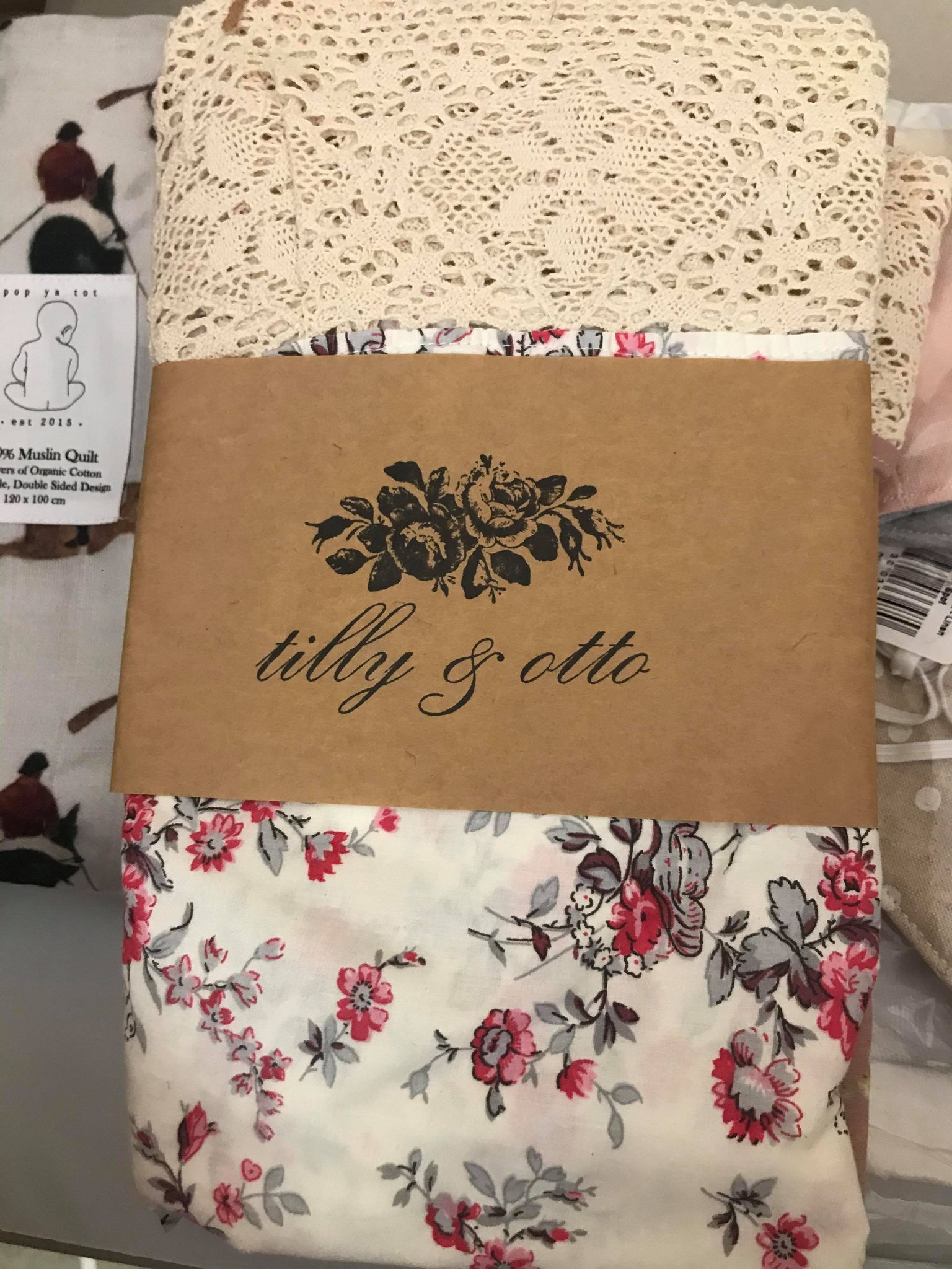 Tilly and Otto - Couture lace swaddle wrap - cream & maroon floral