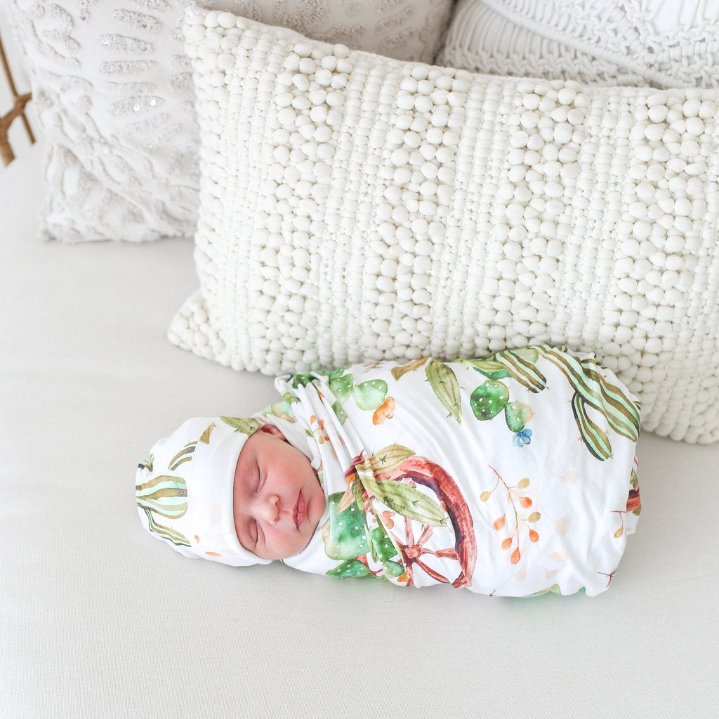 Posh Peanut - Bamboo Baby Swaddle Set - Cactus & Wooden Wheel