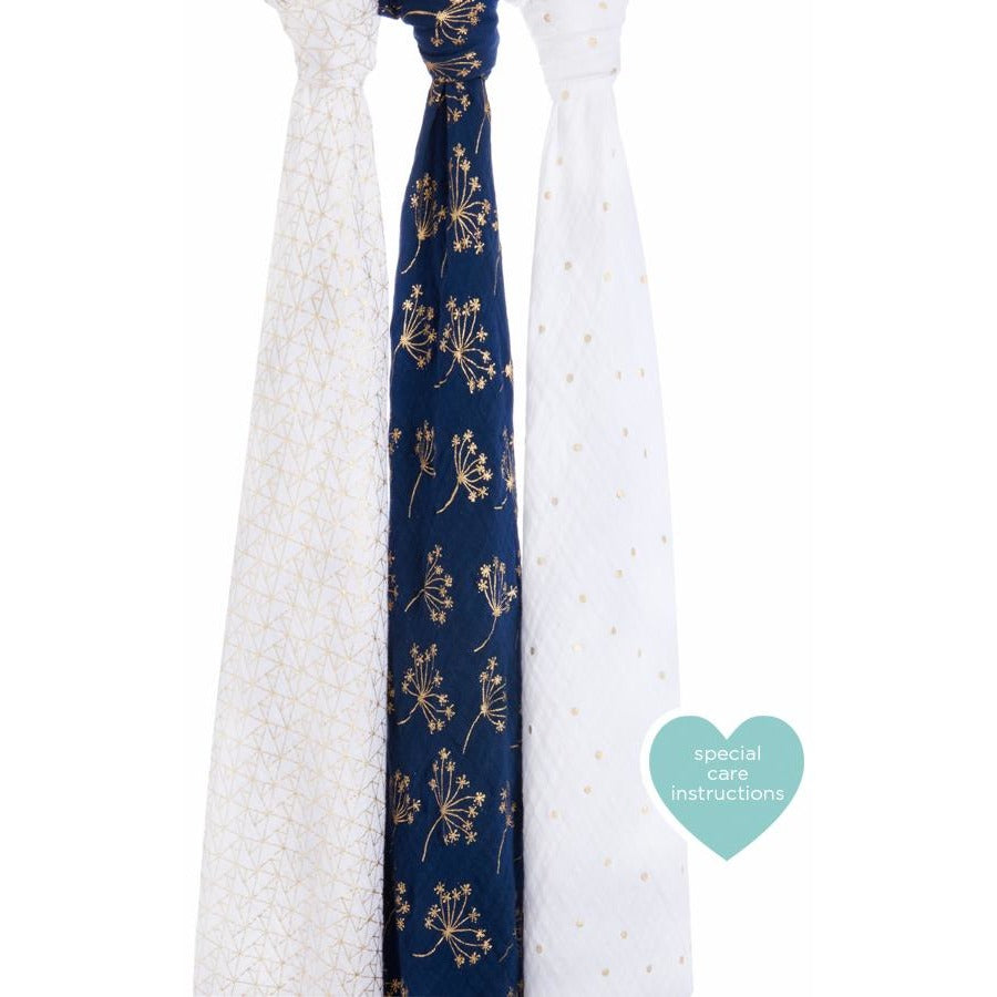 Aden and Anais - Classic Swaddles Metallic Gold Deco (3 Pack) - swaddle - Aden and Anais - Afterpay - Zippay Carry Them Close