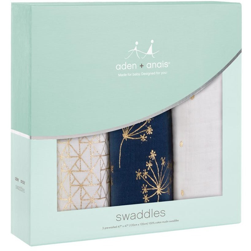 Aden and Anais - Classic Swaddles Metallic Gold Deco (3 Pack) - swaddle - Aden and Anais - Afterpay - Zippay Carry Them Close