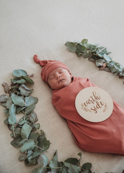 Snuggle Hunny Kids - Jersey Baby Wrap Swaddle & Beanie (Set) - Clay - Carry Them Close