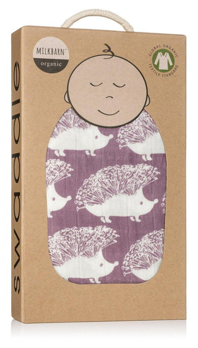 Milkbarn - Organic Muslin Baby Swaddle - Lavender Hedgehog