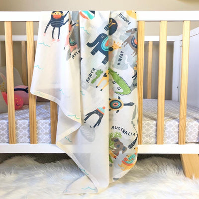 Di Lusso Living - Muslin Baby Swaddle Wrap - Animal Kingdom World Map