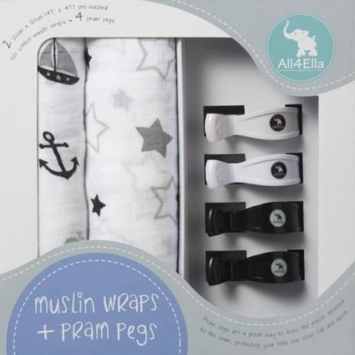 All4Ella Muslin Baby Swaddle Wraps & Pram Pegs Set - White and Black Stars & Nautical - Swaddle - All4Ella - Afterpay - Zippay Carry Them Close