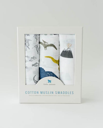 Little Unicorn - Cotton Muslin Baby Swaddle (Set 3) - Dino Friends