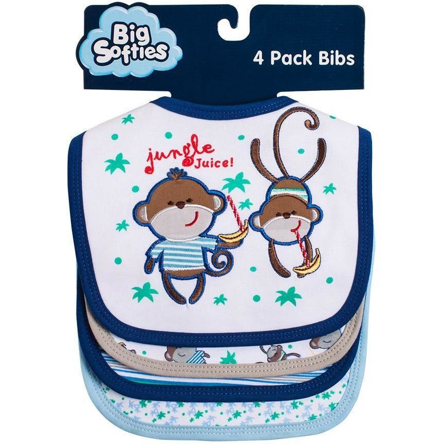 Bibs Applique Monkey (4 Pk) - Clothing - Big Softies - Afterpay - Zippay Carry Them Close