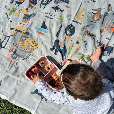 Di Lusso Living - Muslin Baby Swaddle Wrap - Animal Kingdom World Map