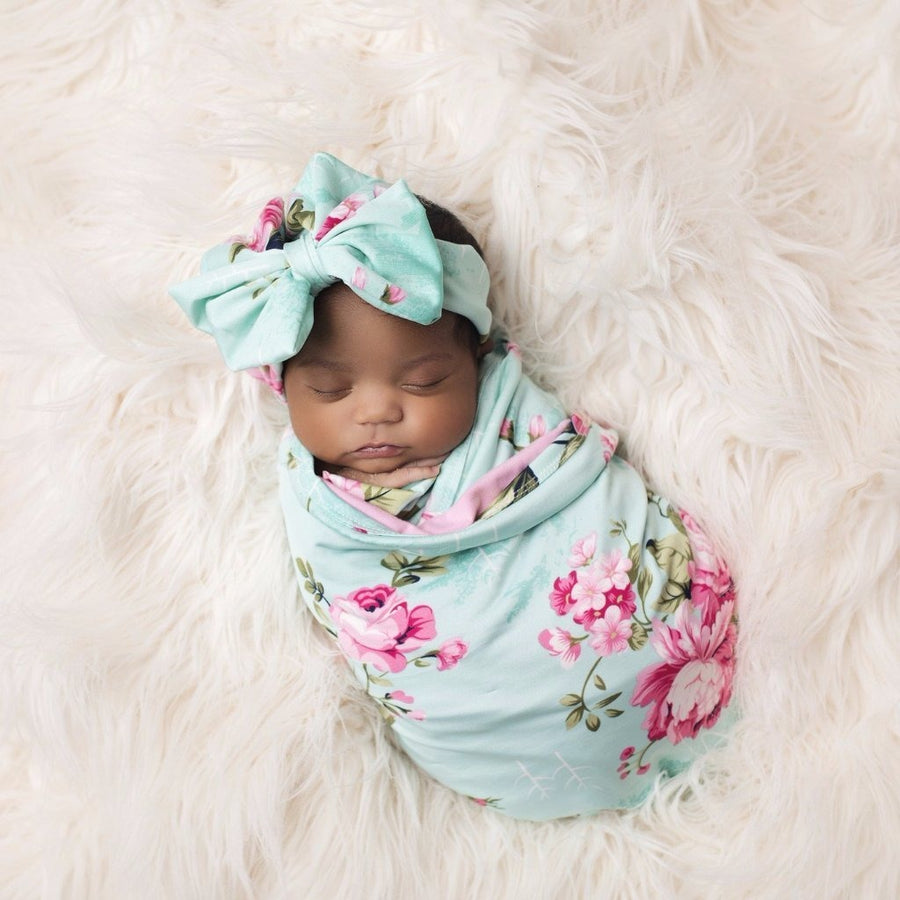 Posh Peanut - Baby Swaddle Set - Aqua Floral Double Sided - Swaddle - Posh Peanut - Afterpay - Zippay Carry Them Close