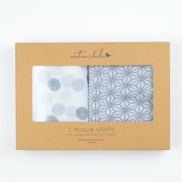 Emotion & Kids - Muslin Swaddle Wraps (2PK) - GREY SPOTS & GEOMETRIC