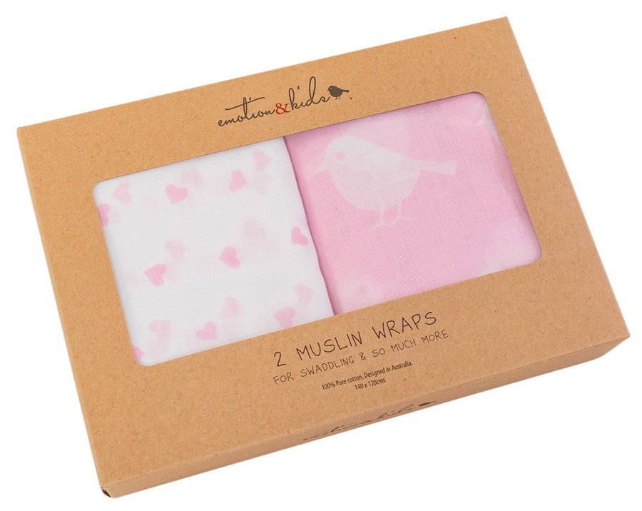 Emotion & Kids - Muslin Swaddle Wraps (2PK) - Pink Bird & Heart