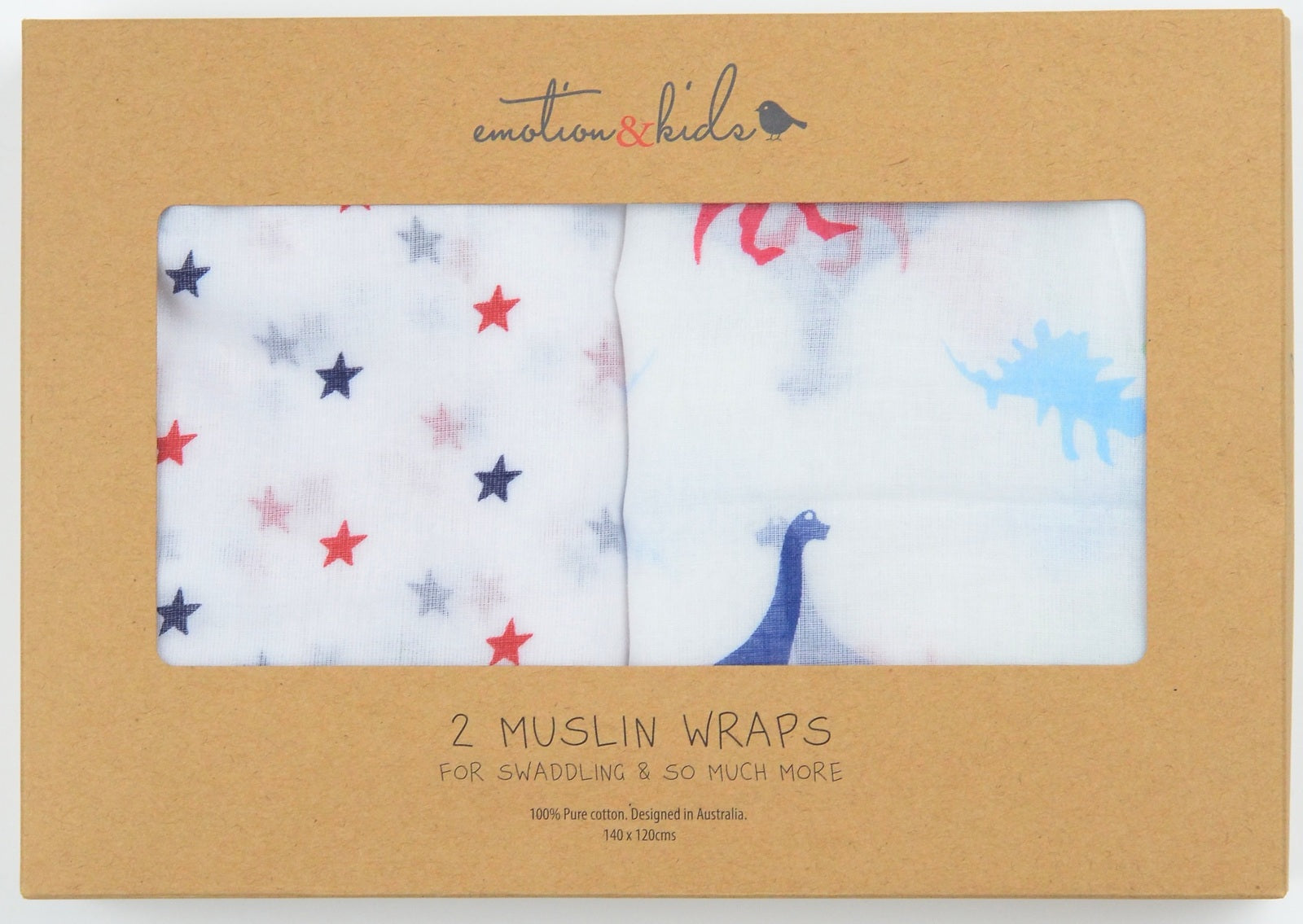 Emotion & Kids - Muslin Swaddle Wraps (2PK) -Dinosaur & Navy/Red Stars