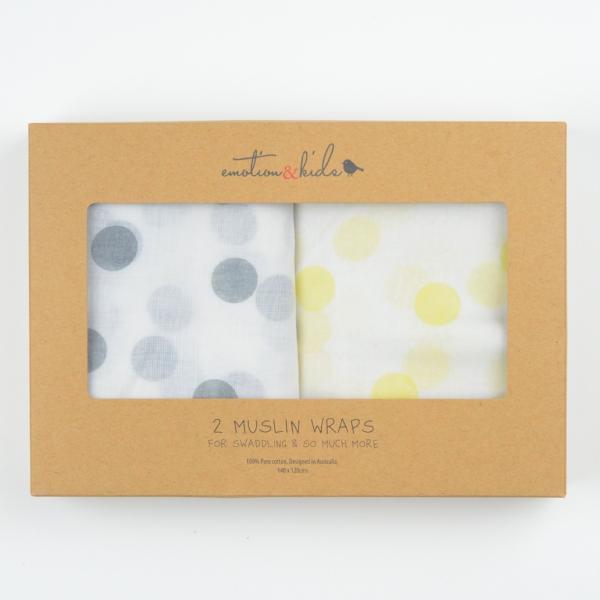Emotion & Kids - Muslin Swaddle Wraps (2PK) - Yellow & Grey Spots
