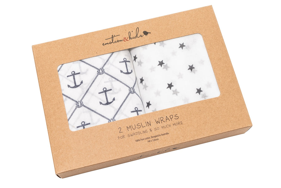 Emotion & Kids - Muslin Swaddle Wraps (2PK) - Anchor & Navy Stars