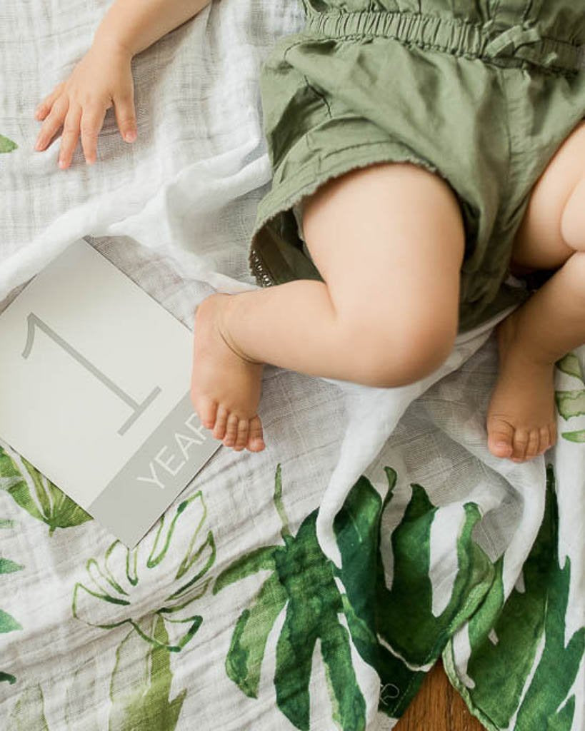 Little Unicorn - Photo Blanket Swaddle & Milestone Set - Tropical Leaf