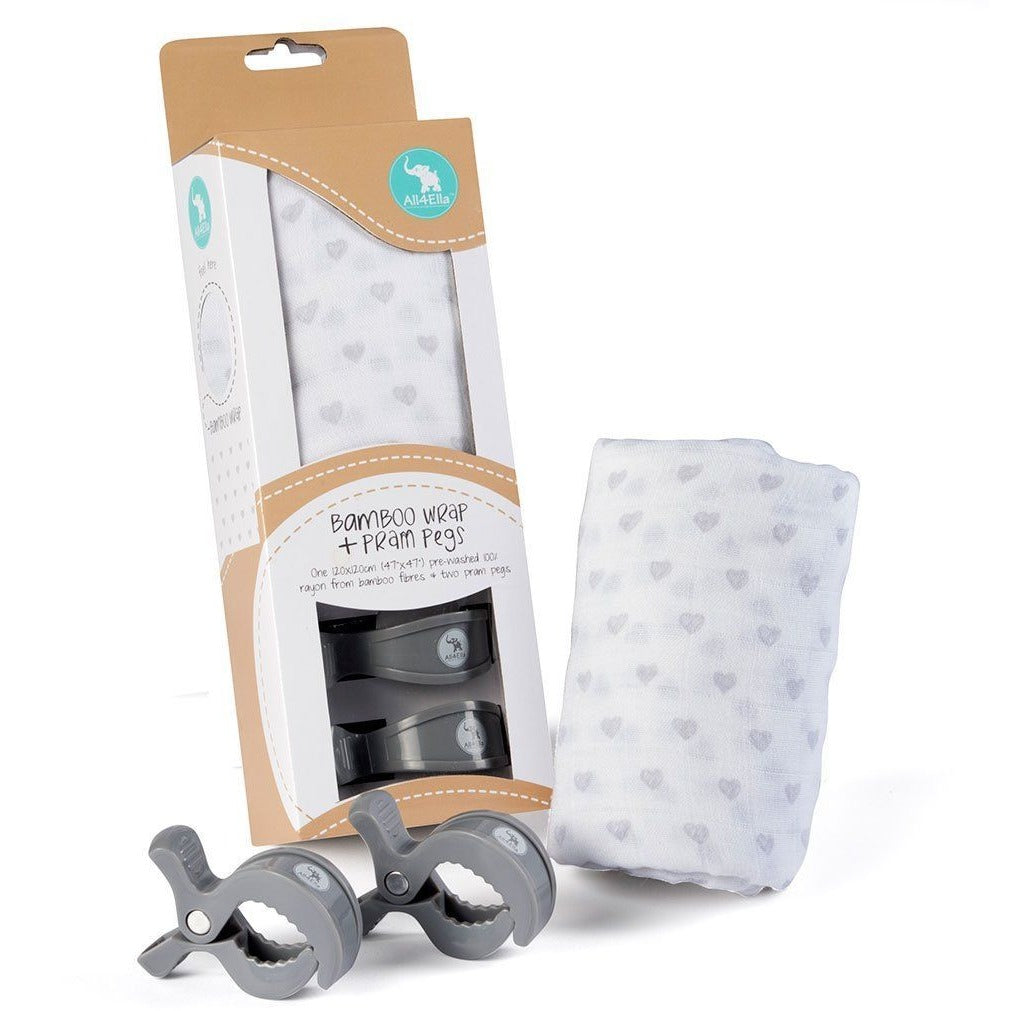 All4Ella Bamboo Baby Swaddle Wrap & Pram Peg Set - Grey Hearts - Swaddle - All4Ella - Afterpay - Zippay Carry Them Close