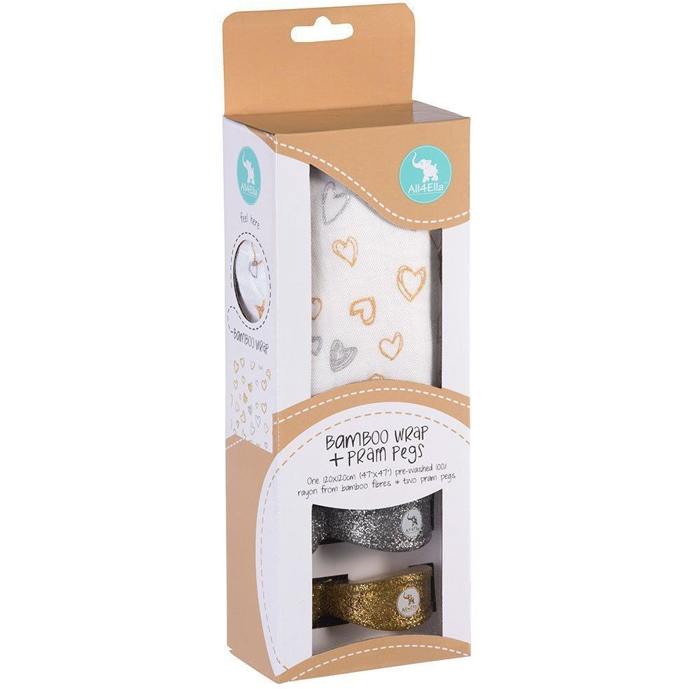 All4Ella Bamboo Baby Swaddle Wrap & Pram Peg Set - Gold & Silver Hearts - Swaddle - All4Ella - Afterpay - Zippay Carry Them Close