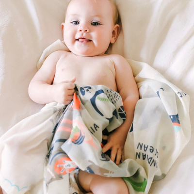 Di Lusso Living - Muslin Baby Swaddle Wrap - Animal Kingdom World Map