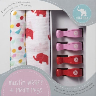 All4Ella Muslin Baby Swaddle Wraps & Pram Pegs Set - Elephants & Spots Red - Swaddle - All4Ella - Afterpay - Zippay Carry Them Close
