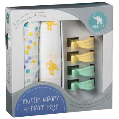 All4Ella Muslin Baby Swaddle Wraps & Pram Pegs Set - Spots & Monkey - Swaddle - All4Ella - Afterpay - Zippay Carry Them Close