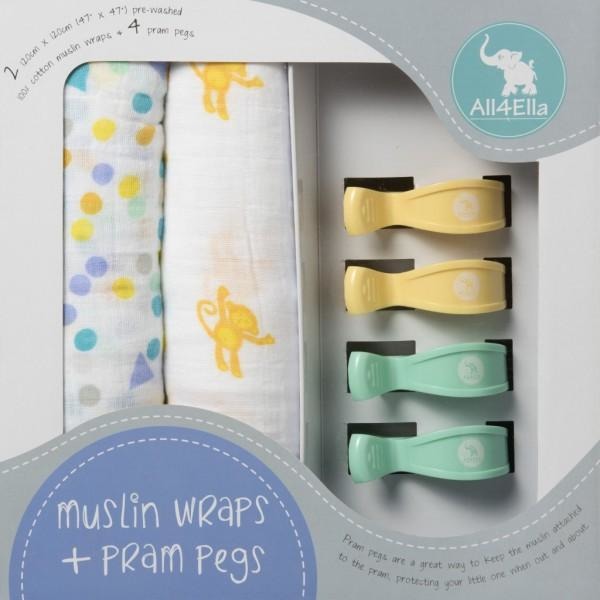 All4Ella Muslin Baby Swaddle Wraps & Pram Pegs Set - Spots & Monkey - Swaddle - All4Ella - Afterpay - Zippay Carry Them Close