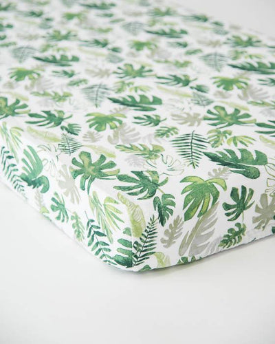 Little Unicorn - Cotton Muslin Cot Sheet - Tropical Leaf