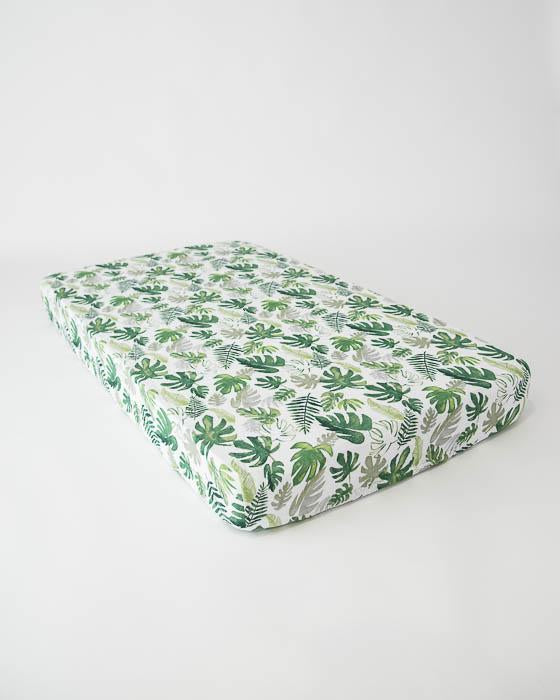 Little Unicorn - Cotton Muslin Cot Sheet - Tropical Leaf