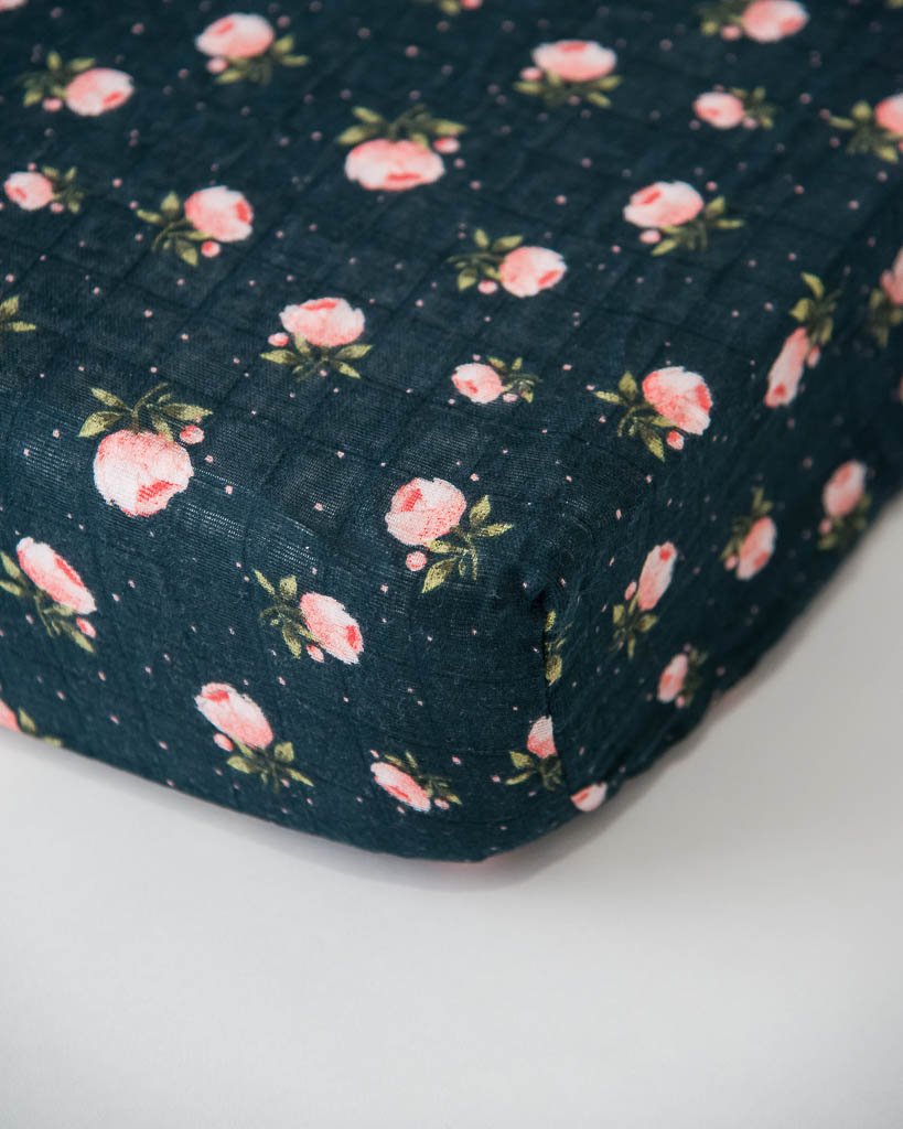 Little Unicorn - Cotton Muslin Cot Sheet - Midnight Rose