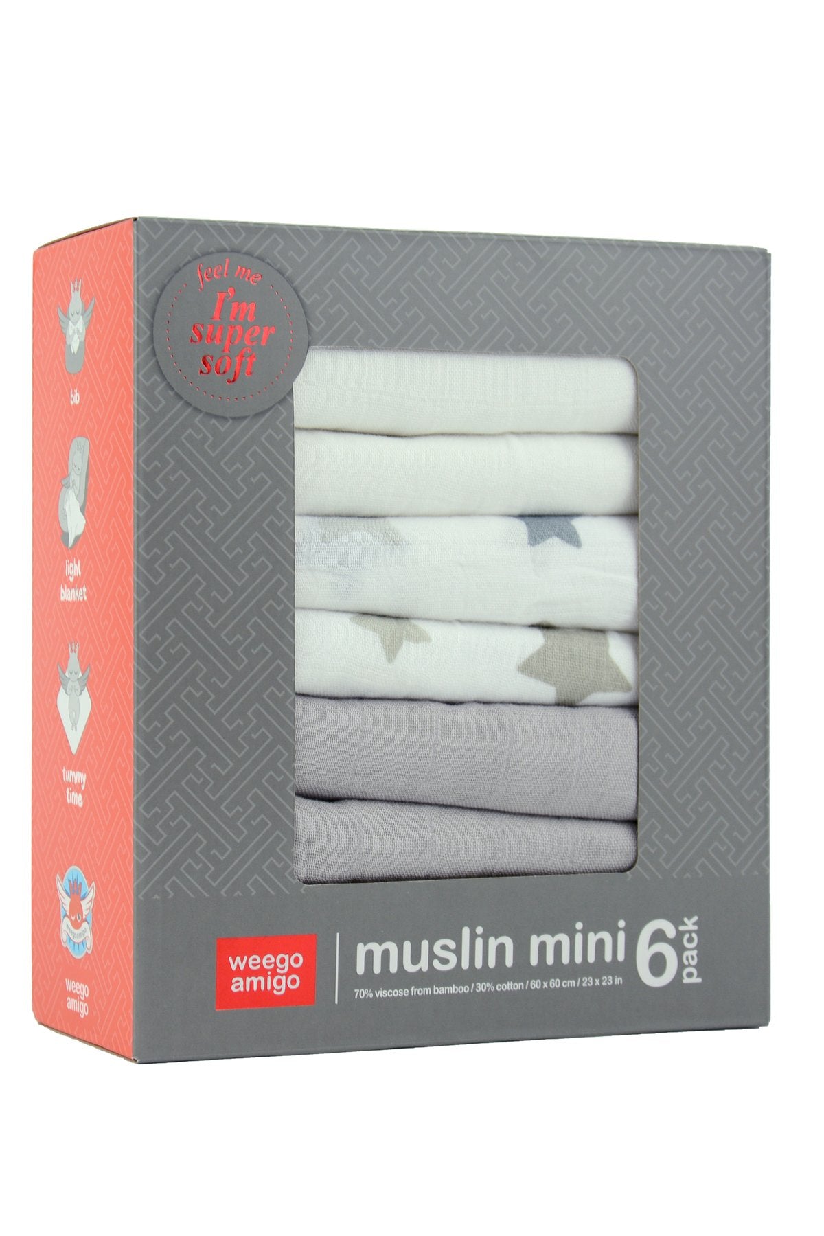 Weegoamigo - Bamboo Mini Muslin (6pk) - Stars Grey