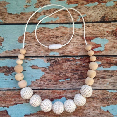 Crochet and Wood Bead Nursing Necklace - Cream/Wood - Teething Necklace - Nature Bubz - Afterpay - Zippay Carry Them Close