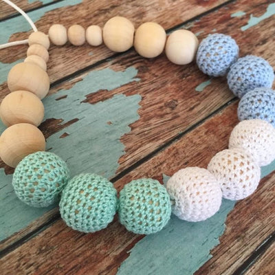 Crochet and Wood Bead Nursing Necklace - Blue/White/Mint Green - Teething Necklace - Nature Bubz - Afterpay - Zippay Carry Them Close