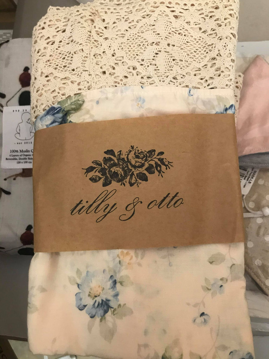 Tilly and Otto - Couture lace swaddle wrap - Cream & Blue floral