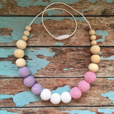 Crochet and Wood Bead Nursing Necklace - Pink/White/Lavender - Teething Necklace - Nature Bubz - Afterpay - Zippay Carry Them Close