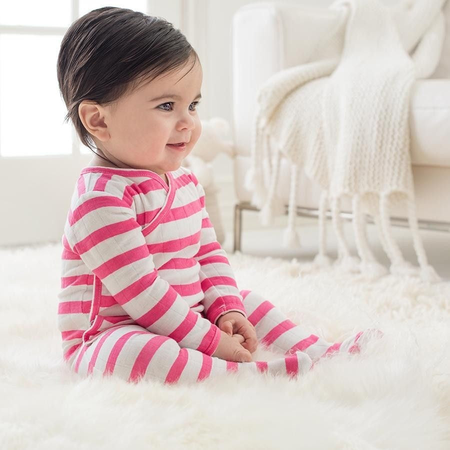 Long Sleeve kimono one-piece Sleepsuit - Shocking Pink Blazer Stripe - Clothing - Aden and Anais - Afterpay - Zippay Carry Them Close