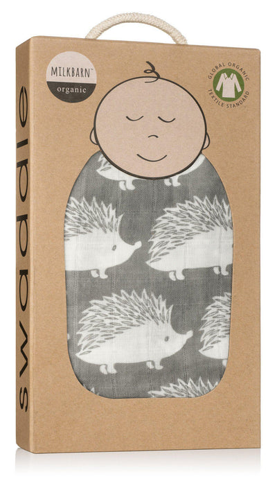 Milkbarn - Organic Muslin Baby Swaddle - Grey Hedgehog