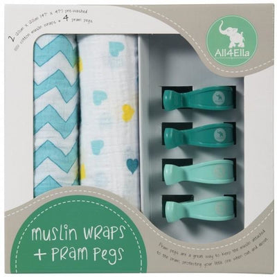 All4Ella Muslin Baby Swaddle Wraps & Pram Pegs Set - Hearts & Chevron Turquoise - Swaddle - All4Ella - Afterpay - Zippay Carry Them Close