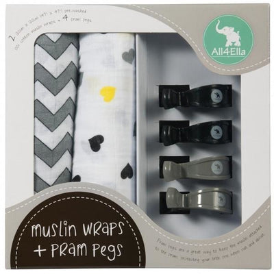 All4Ella Baby Swaddle Wraps & Pram Pegs Set - Hearts & Chevron Black and White - Swaddle - All4Ella - Afterpay - Zippay Carry Them Close