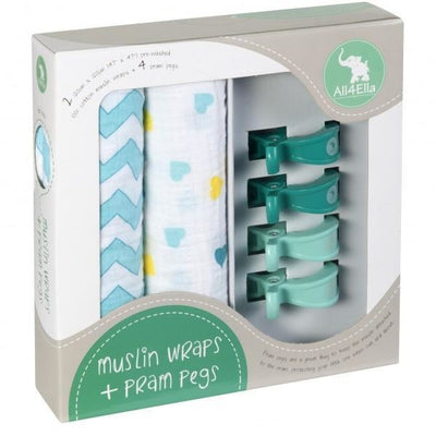 All4Ella Muslin Baby Swaddle Wraps & Pram Pegs Set - Hearts & Chevron Turquoise - Swaddle - All4Ella - Afterpay - Zippay Carry Them Close