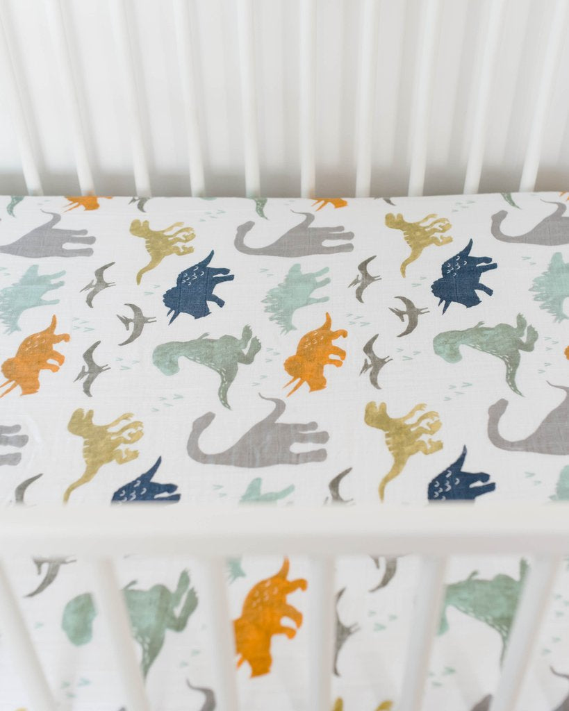 Little Unicorn - Cotton Muslin Cot Sheet - Dino Friends