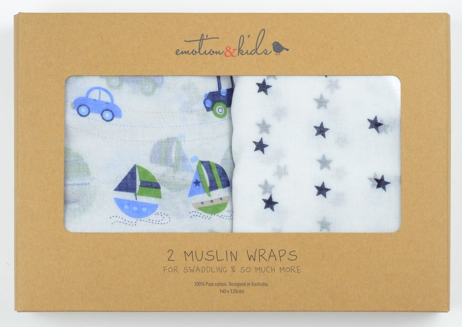 Emotion & Kids - Muslin Swaddle Wraps (2PK) - Navy Star & Transport