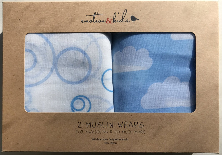 Emotion & Kids - Muslin Swaddle Wraps (2PK) - Blue Clouds & Baubles
