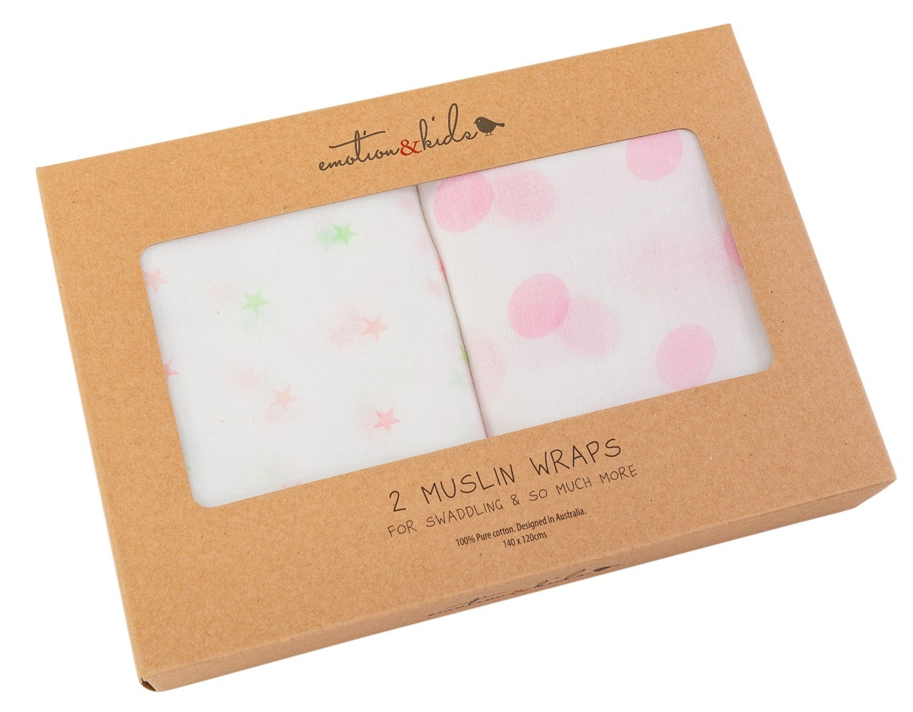 Emotion & Kids - Muslin Swaddle Wraps (2PK) - PINK GELATI STARS & PINK SPOTS