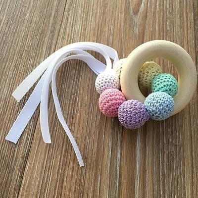 Crochet and Wooden Rattle Pastle Rainbow with with Maple Wood Teether - Teething Necklace - Nature Bubz - Afterpay - Zippay Carry Them Close