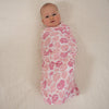 Little Turtle Baby - Stretch Muslin Swaddle - Pink Leaves