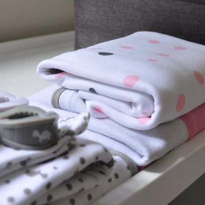 Little Turtle Baby - Stretch Jersey Swaddle - Pale Pink and Grey Spots