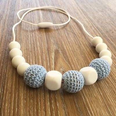 Crochet and Silicone Bead Nursing Necklace - Blue/white - Teething Necklace - Nature Bubz - Afterpay - Zippay Carry Them Close