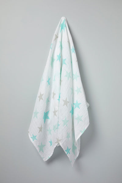 The Little Linen Company - Cotton Muslin Baby Swaddle - Teal Star