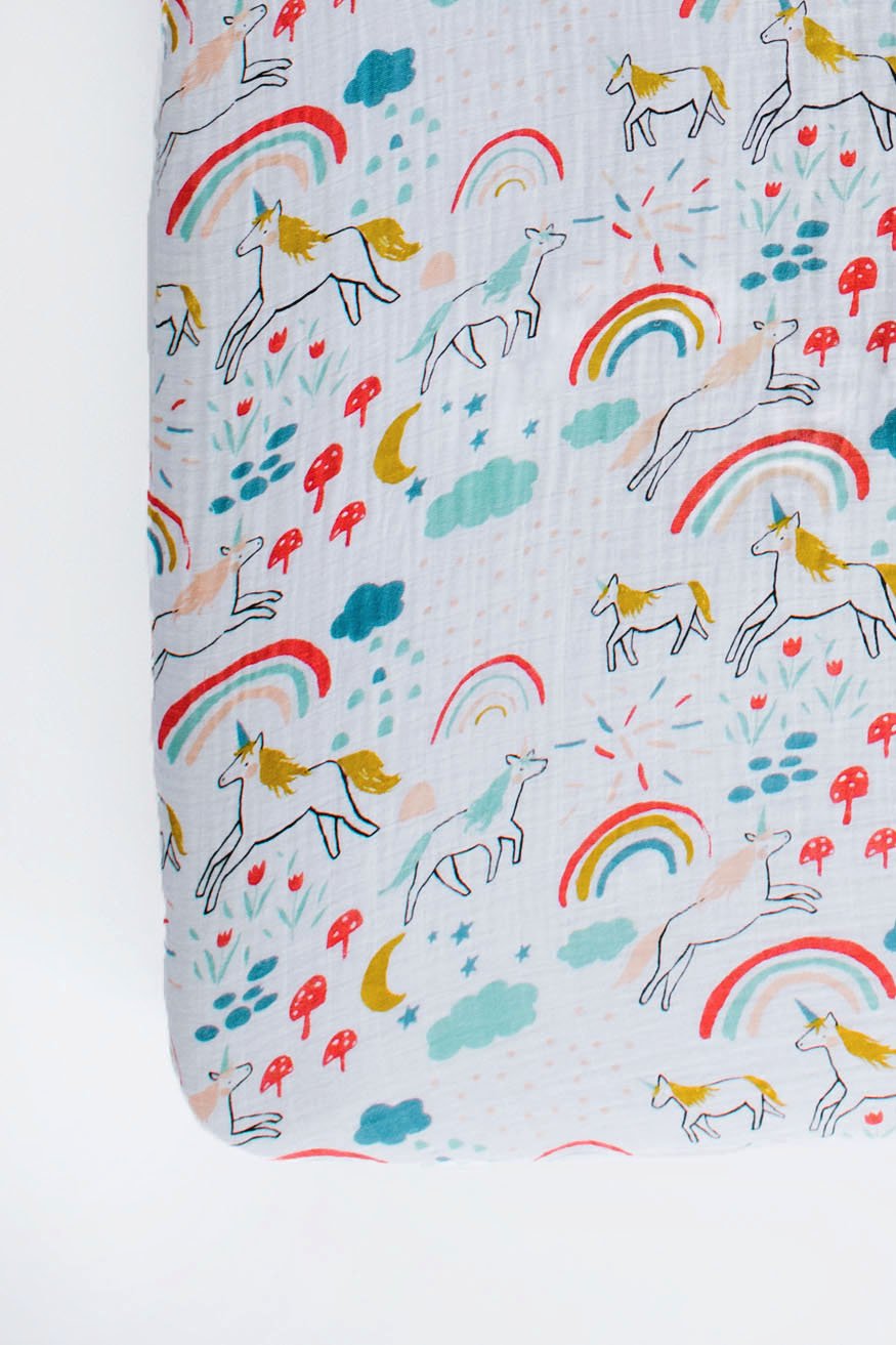 Clementine Kids - Muslin Cot Sheet - Unicorn Land