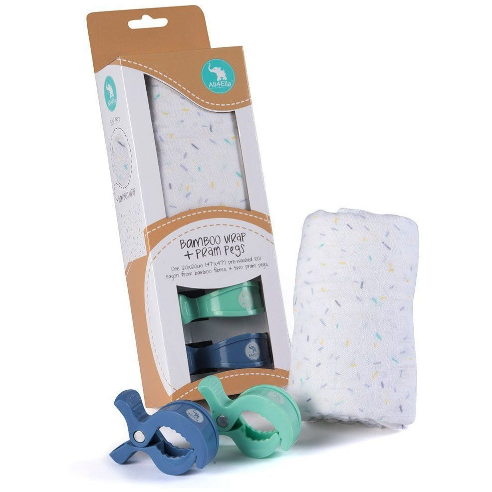 All4Ella Bamboo Baby Swaddle Wrap & Pram Peg Set - Sprinkle Blue - Swaddle - All4Ella - Afterpay - Zippay Carry Them Close