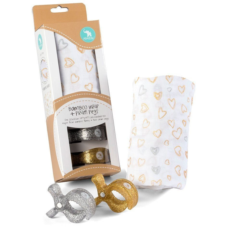 All4Ella Bamboo Baby Swaddle Wrap & Pram Peg Set - Gold & Silver Hearts - Swaddle - All4Ella - Afterpay - Zippay Carry Them Close